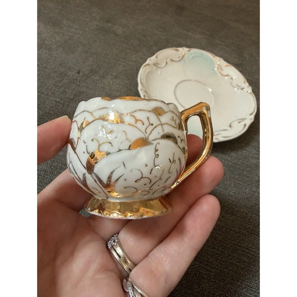 Demitasse Cup & Saucer High Handle Gold On Fine White Porcelain Vintage FLAW
